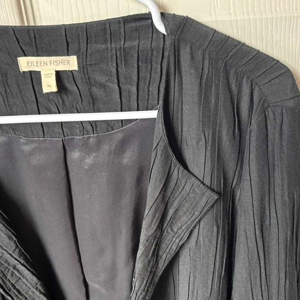 Eileen Fisher crinkle silk textured open Black blazer suit jacket Women MED EUC
